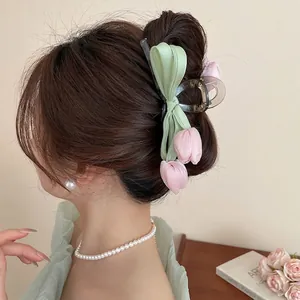 French Tulip Flower Hair Claw Clip Acrylic Ribbon Bow Elegant Floral Hairpins For Women Girls Sweet Hair Accessories