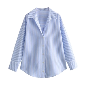 Classic blue and white vertical striped long sleeve cotton Oxford shirt with button-down front