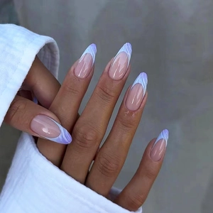 Blue Purple Marble Press On Nails Long Almond French Style Fake Nails Simple Wave Lines Glossy ABS Manicure Tips