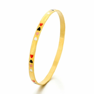 18K gold-plated stainless steel bangle with colorful enamel heart charms shown from a side view