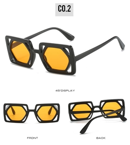 Three views of square sunglasses with hollowed-out frames and orange hexagonal lenses