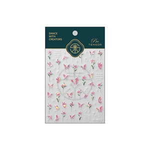 Pink butterfly and floral nail art stickers with gold foil details on white background