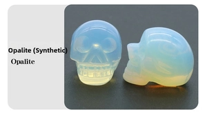 Detailed front and side views of 1-inch opalite crystal skull carvings for Halloween decor