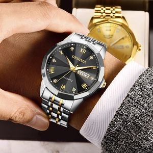 Luxury men's quartz watch with black textured dial and gold-tone steel bracelet