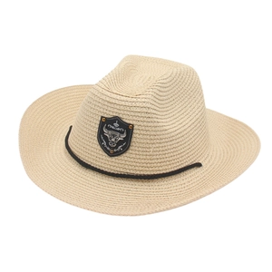 Chapeau de cowboy en paille beige avec emblème de tête de taureau et cordon noir
