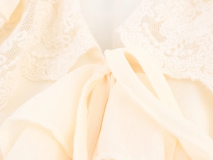 Detail of elegant lace neckline and beige chiffon ribbon tie on a French style dress