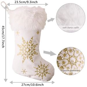 Detailed dimensions of white plush Christmas stocking with golden snowflake embroidery