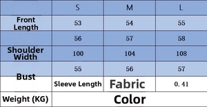 Detailed size chart for women's knit cardigan showing length, chest, and sleeve measurements
