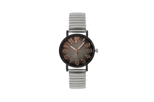 Detail of silver stretch metal band and black case with rose gold numbers on grey dial