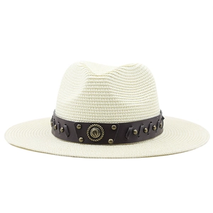 Straw beach cowboy hat in cream with vintage leather band and metal buckle detail
