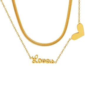 Chic gold double-layered necklace featuring a heart charm and Love pendant for women