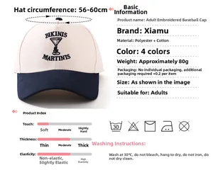 Detail of embroidered lettering and cocktail design on two-tone retro baseball cap