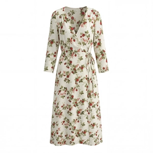 Floral Print Maxi Dress Polyester Long Sleeve Wrap V Neck French Vintage Retro Pastoral Style For Women Elegant