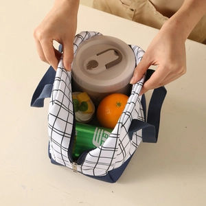 Portable checkered insulated lunch bag with large capacity for bento boxes and snacks