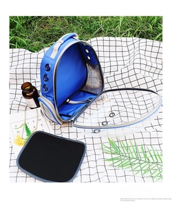 Detail view of the ventilated blue transparent pet backpack with removable cushion pad