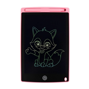 Pink LCD writing tablet for kids with green fox cartoon drawing and stylus pen