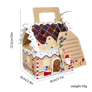 Gingerbread house shaped Christmas kraft paper gift box with handle and Merry Christmas tag