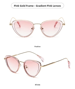 Viste frontale e a 45 gradi degli occhiali da sole cat-eye in metallo oro rosa con lenti sfumate