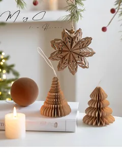 Brown honeycomb paper Christmas tree and snowflake ornaments for holiday home decoration