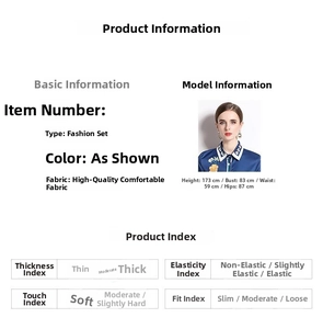 Size chart for floral navy blue fashion set showing fabric texture and model measurements