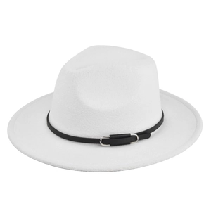 Close-up of white wool fedora hat with a black leather band and silver metal buckle detail