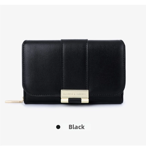 Detailed macro view of black lychee grain leather wallet with classic gold buckle clasp