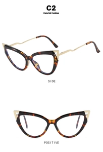 Detail view of cat-eye glasses frame with tortoiseshell texture and gold metal temples