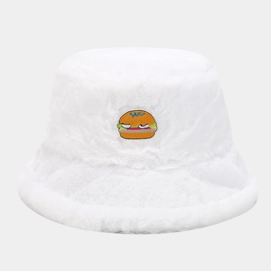 Close-up of cute burger embroidery on white plush bucket hat with soft faux fur texture