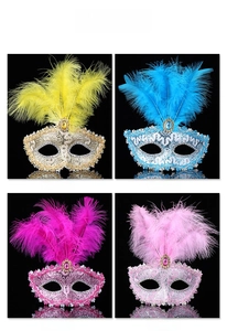 Detailed grid of four lace masquerade masks with feathers in yellow blue rose and pink