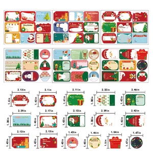 Christmas gift seal stickers set with festive patterns and size dimensions guide