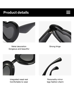 Detail view of heart-shaped sunglasses featuring black frames, hinges, and nose pads