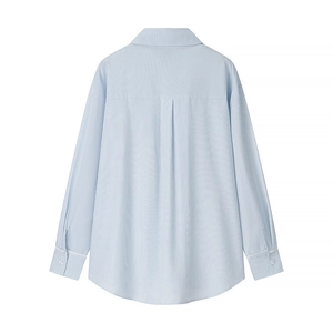 Detail view of the back of a blue and white vertical striped long sleeve shirt texture