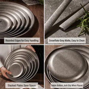 Matte snowflake grey 304 stainless steel dinner plate set with stackable design