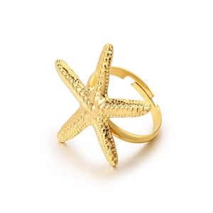 Golden starfish open ring in polished stainless steel with textured grain details