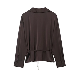 Back view of a satin texture long sleeve shirt with adjustable drawstring waist in dark brown
