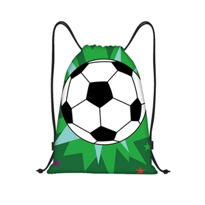 Close-up of lightweight green polyester drawstring bag featuring a realistic soccer ball print