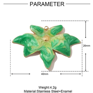 Detailed size parameters of green enamel leaf pendant in stainless steel and gold trim