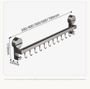 Wall-mounted kitchen rack with suction cups and hooks showing product dimensions