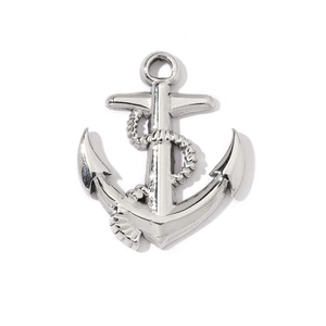 Detailed view of silver stainless steel anchor pendant with rope texture and jump ring