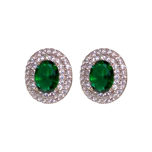 Elegant emerald green zircon oval stud earrings with double-layered silver halo settings