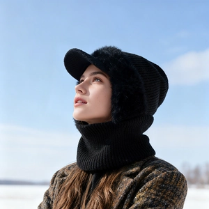 Winter striped knit hat and neck warmer set with faux fur trim for cold weather protection