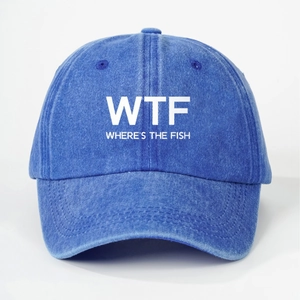 Blue washed denim baseball cap with WTF WHERE'S THE FISH white printed lettering