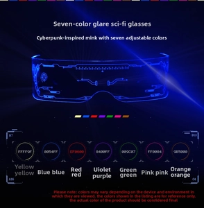 Macro shot of cyberpunk LED glasses with circuit board texture and 7-color light options