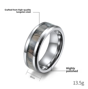 Macro detail of 8mm tungsten steel ring with camouflage inlay and high polished finish
