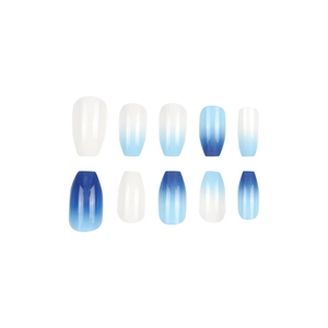 Blue and white gradient press-on nails in long coffin shape with glossy resin finish