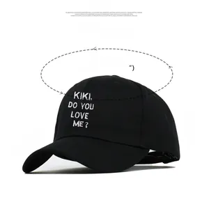 Detail showing dimensions of black cotton baseball cap with KIKI DO YOU LOVE ME embroidery