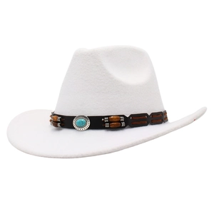 White felt western cowboy hat with decorative beaded band and blue turquoise stone accent