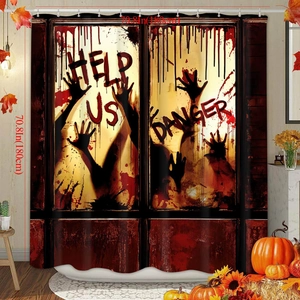 Waterproof polyester Halloween shower curtain featuring bloody handprints and HELP US text