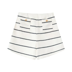 Women's chic navy striped high-waisted shorts with gold buttons and tweed texture