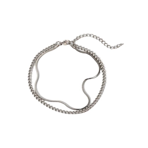 Mens silver double layer Cuban and snake chain bracelet with polished metal finish
